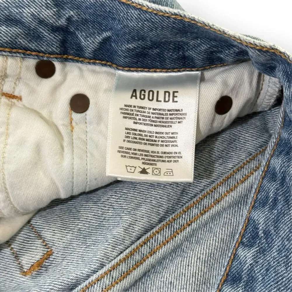 AGOLDE Parker Long Women's High Rise Blue Denim Cut Off Shorts 24 Button Fly